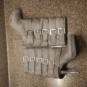 Michael Antonio Gray Suede High Heel Mid Shaft Boots with Buckles